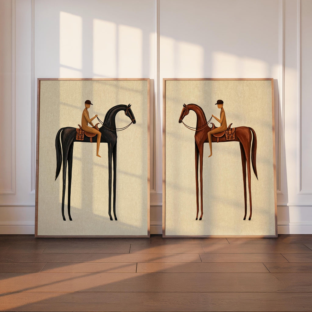 Beige Equestrian Print Set of 2, White Mid Century Modern Horse Wall Art, Vintage Jockey Painting, Neutral Surreal Minimalist Western Rider