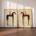 Beige Equestrian Print Set of 2, White Mid Century Modern Horse Wall Art, Vintage Jockey Painting, Neutral Surreal Minimalist Western Rider
