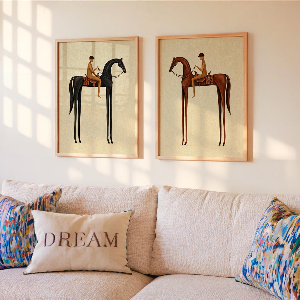 Beige Equestrian Print Set of 2, White Mid Century Modern Horse Wall Art, Vintage Jockey Painting, Neutral Surreal Minimalist Western Rider
