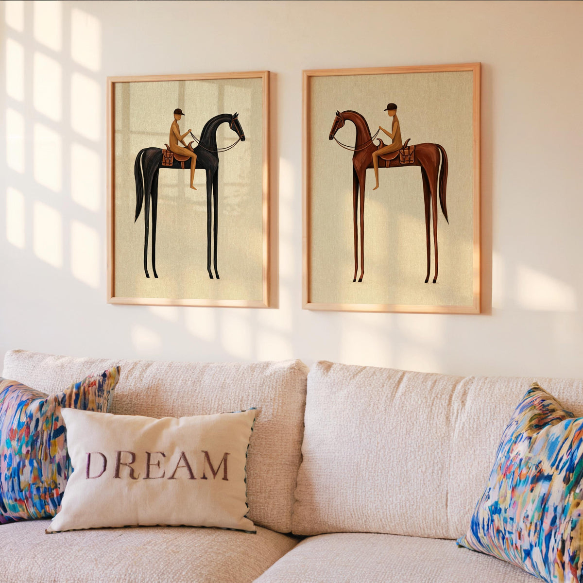 Beige Equestrian Print Set of 2, White Mid Century Modern Horse Wall Art, Vintage Jockey Painting, Neutral Surreal Minimalist Western Rider
