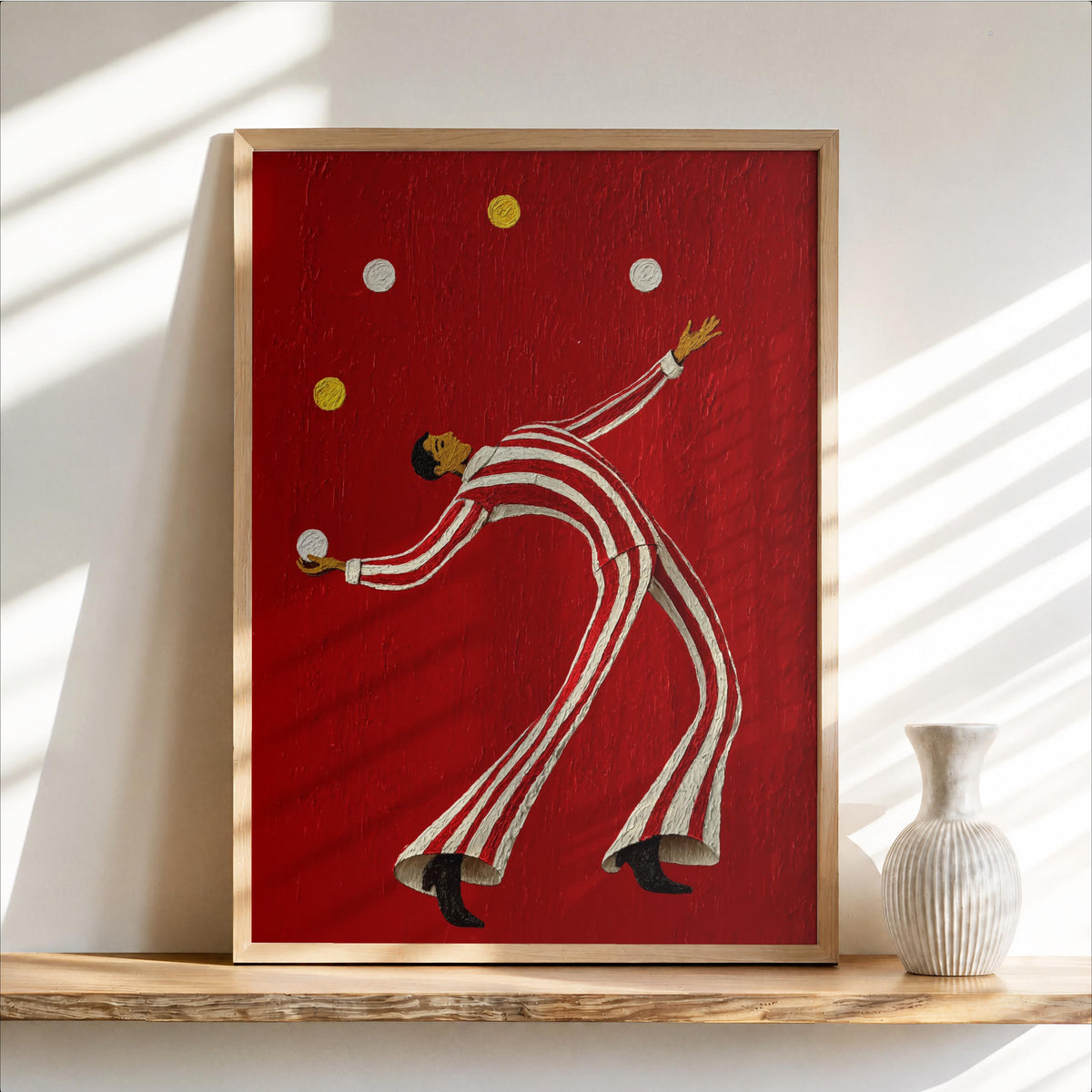 Retro Circus Wall Art, Vintage Juggler Print, Carnival Decor, Juggling Performer Poster, Striped Circus Painting, Playful Nursery Kids Room