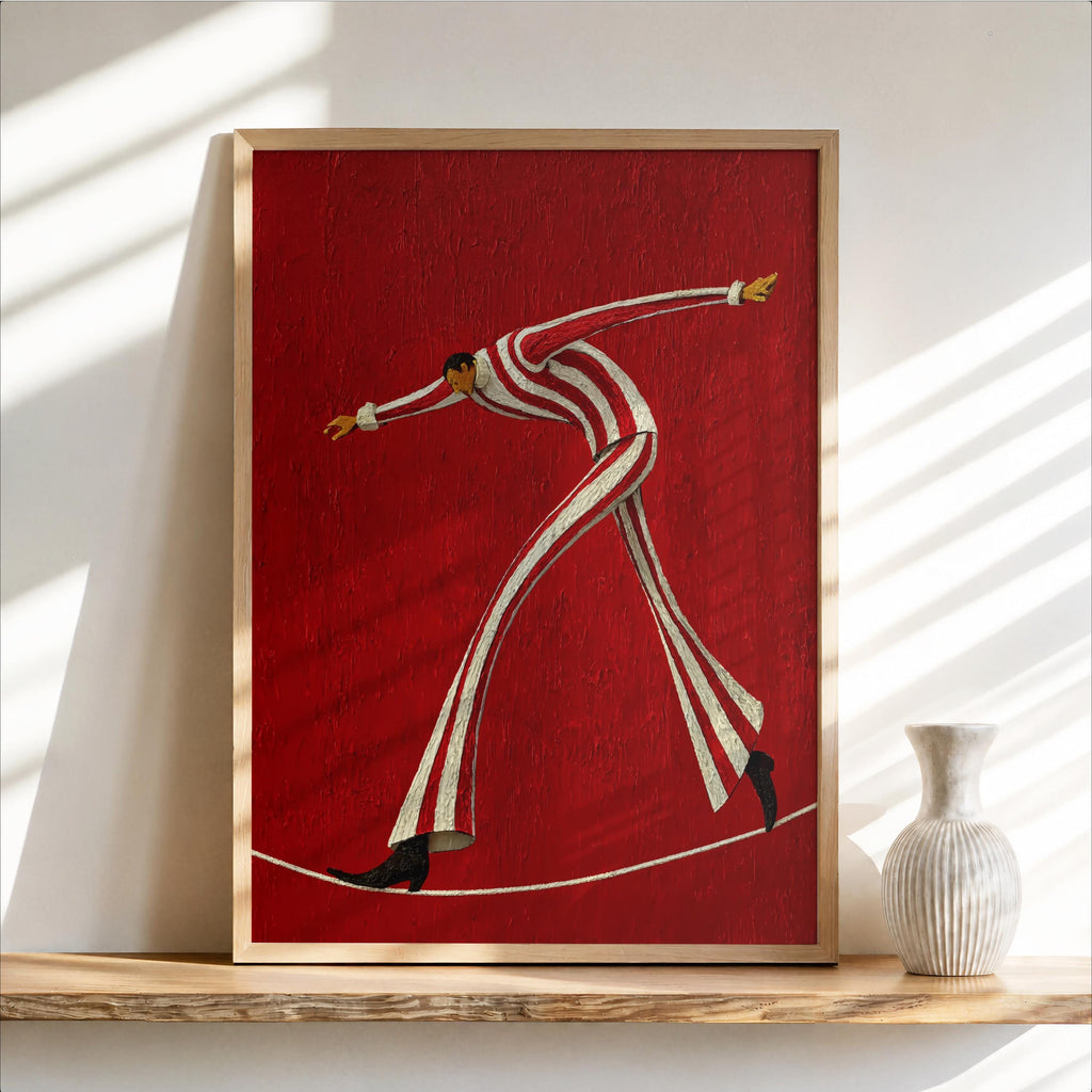 Tightrope Walker Wall Art, Vintage Circus Print, Striped Acrobat Performer Painting, Retro Carnival Decor, Cute Nursery Kids Room Poster