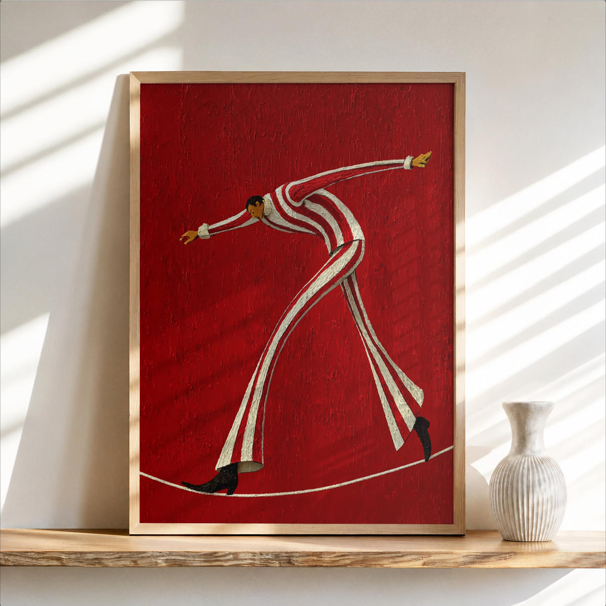 Tightrope Walker Wall Art, Vintage Circus Print, Striped Acrobat Performer Painting, Retro Carnival Decor, Cute Nursery Kids Room Poster