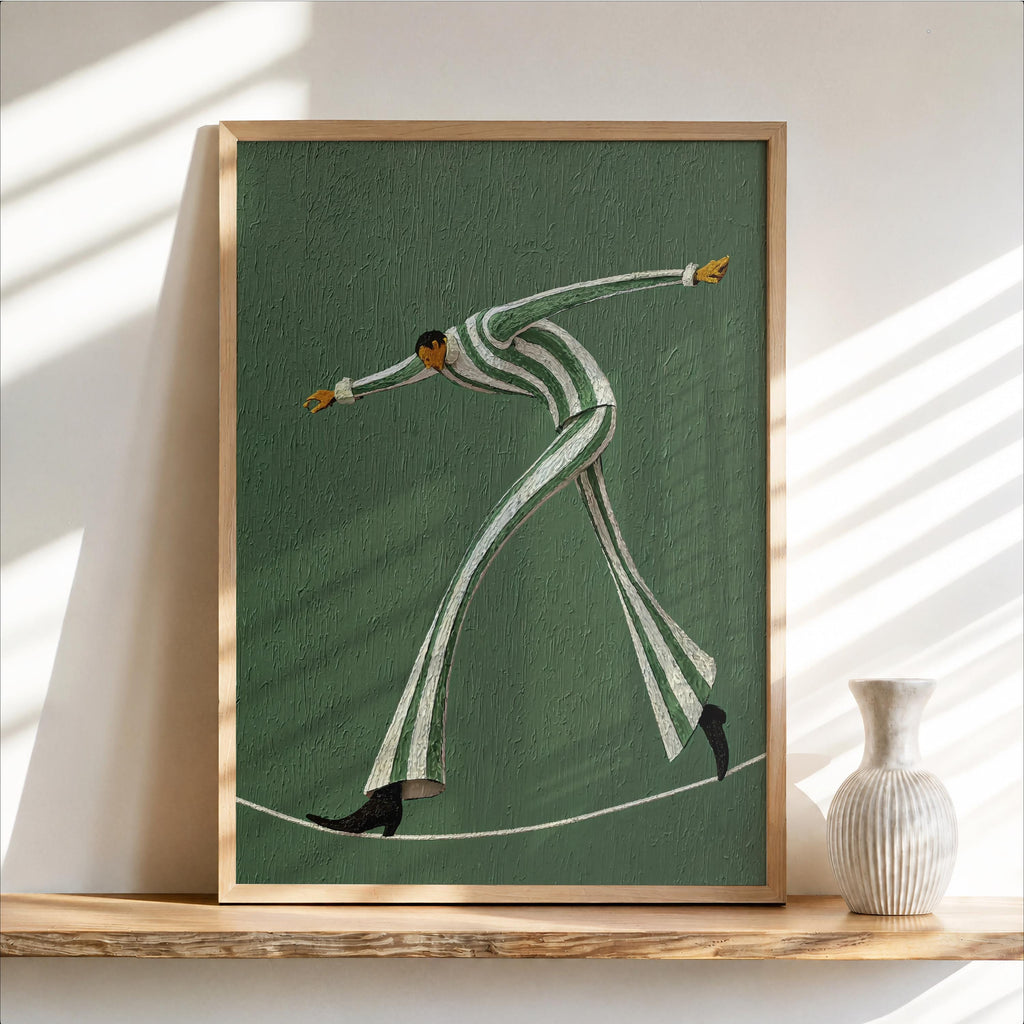Tightrope Walker Wall Art, Vintage Circus Print, Striped Acrobat Performer Painting, Retro Carnival Decor, Cute Nursery Kids Room Poster