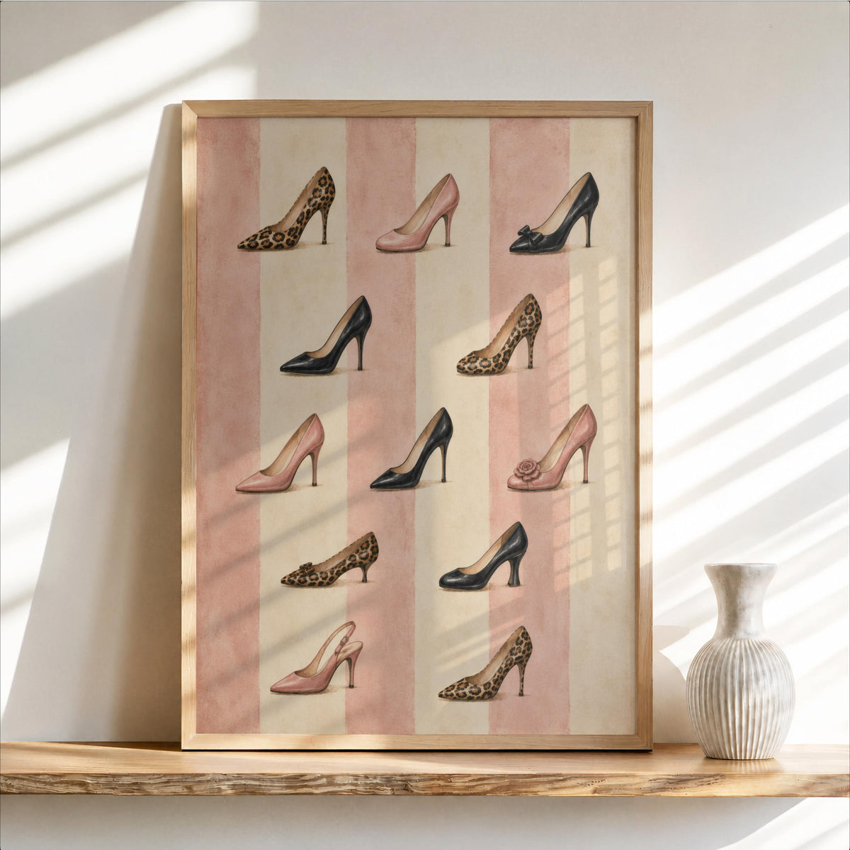 High Heel Shoes Art, Vintage Fashion Print, Striped Leopard Pump Poster, Retro Pink Decor, Feminine Chic Dressing Room, Shoe Lover Gift