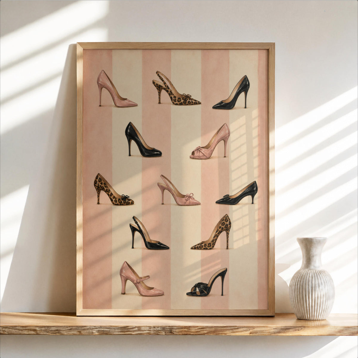 Striped Pumps Print, Vintage High Heel Shoes Wall Art, Pink Leopard Pattern, Fashion Girly Feminine Poster, Chic Dressing Room Decor