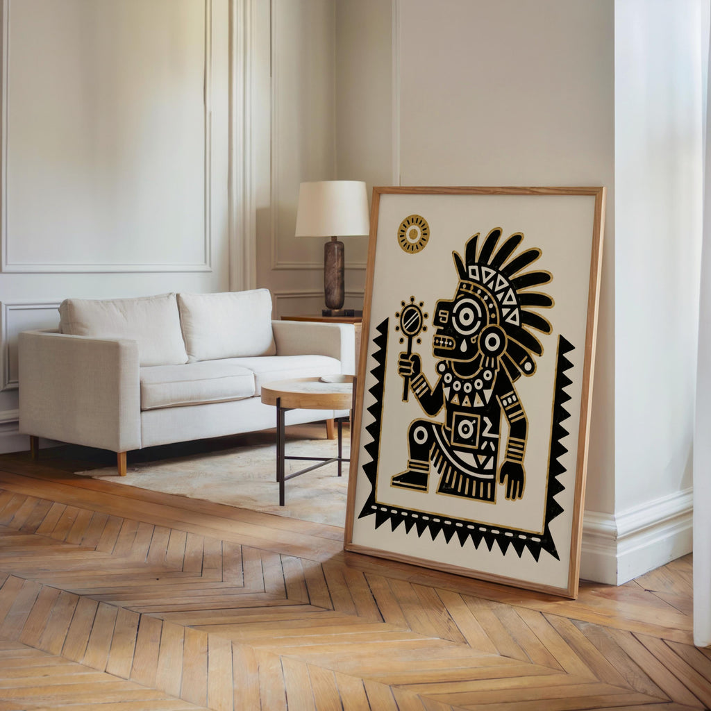 Leaning Tezcatlipoca wall art beside sofa in bright living room, Aztec god art print in black and gold