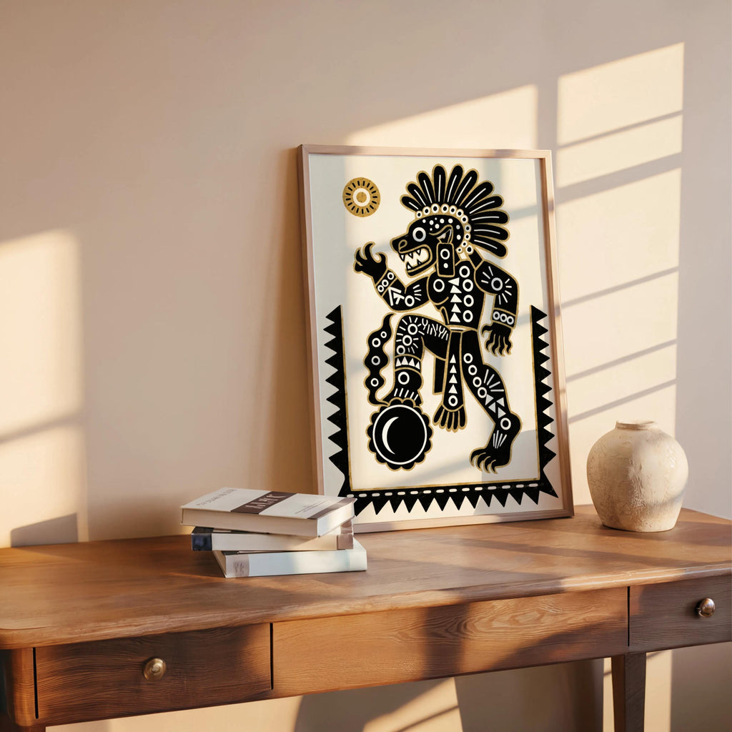 Tezcatlipoca art print propped on a wooden desk, sunlit corner with pottery and books, Mexican wall decor styling