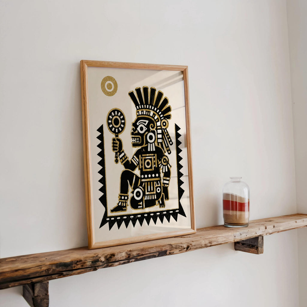 Rustic shelf display with Tezcatlipoca art print, minimalist Mesoamerican art print paired with small candle