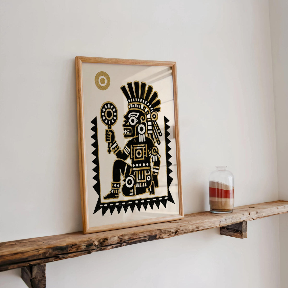 Rustic shelf display with Tezcatlipoca art print, minimalist Mesoamerican art print paired with small candle
