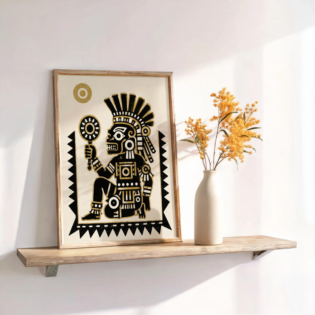 Tezcatlipoca art print propped beside a vase of dried flowers, warm light highlights feathered headdress