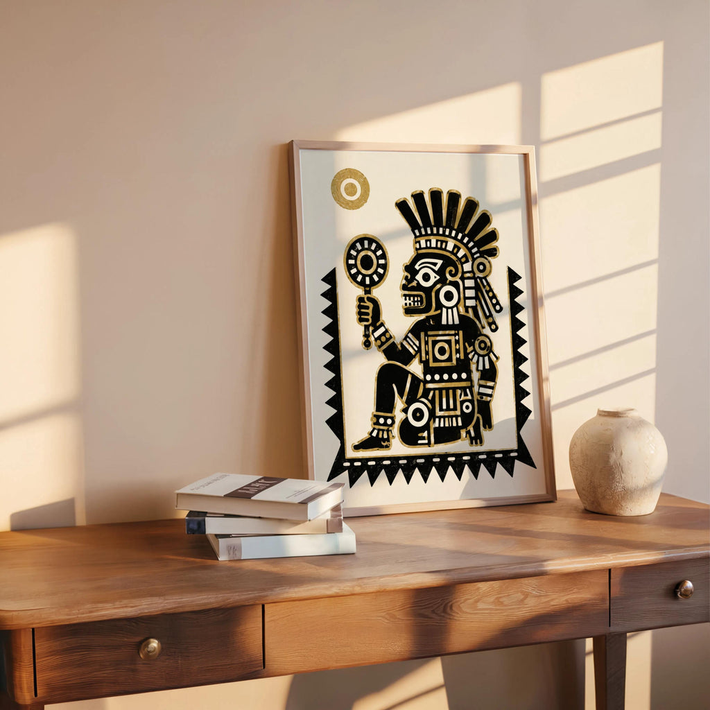 Tezcatlipoca art print resting on a wooden console with sunbeams, Mexican culture home decor meets Mesoamerican art