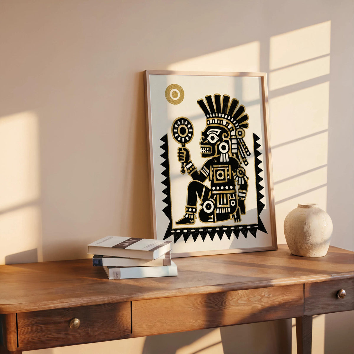 Tezcatlipoca art print resting on a wooden console with sunbeams, Mexican culture home decor meets Mesoamerican art