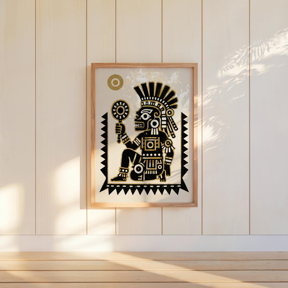 Hanging Tezcatlipoca art print centered on a pale wall, strong symmetrical Aztec god print silhouette