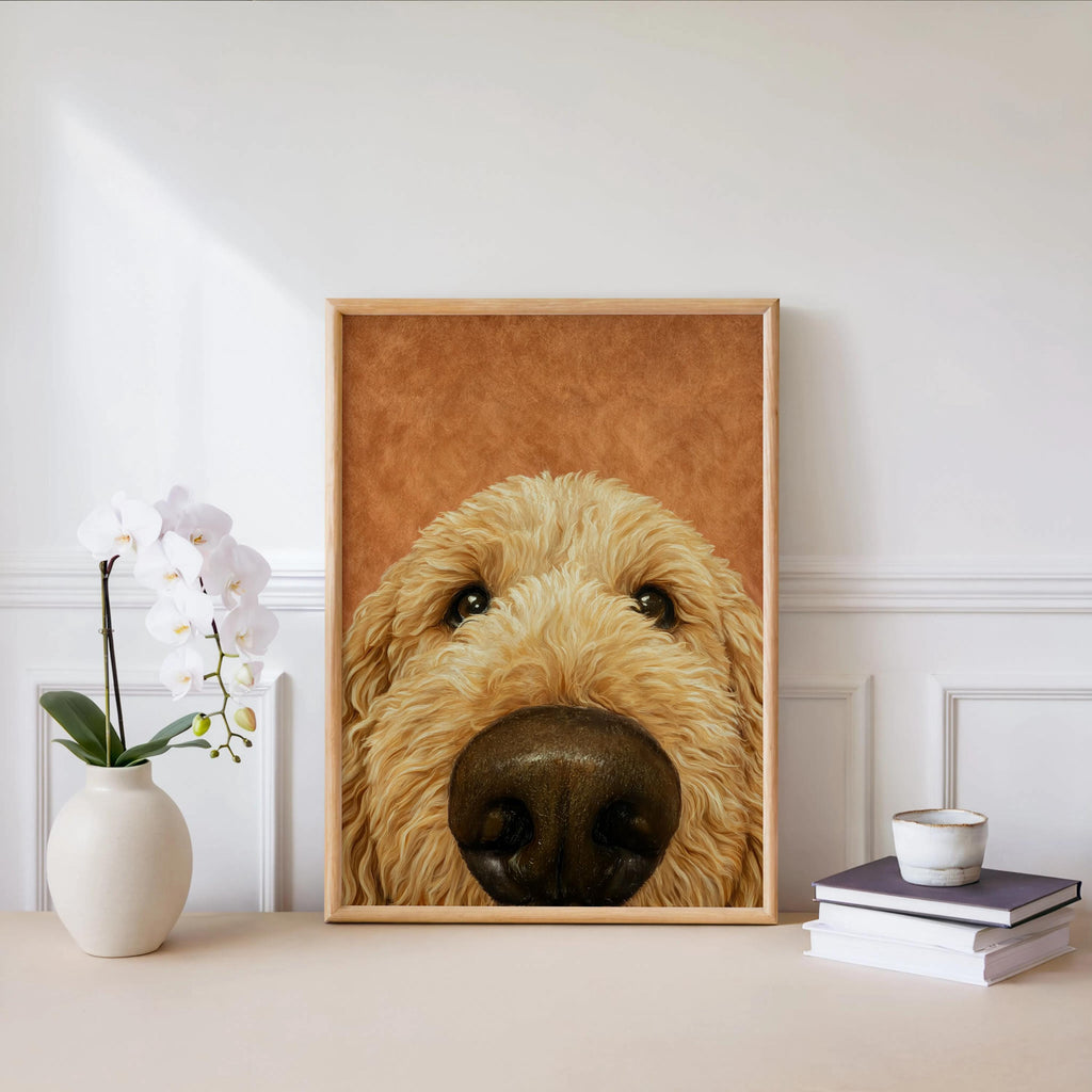 Golden Doodle Dog Nose Art Print, Fluffy Puppy Pet Poster, Funny Animal Portrait, Dog Lover Gift, Goldendoodle Decor