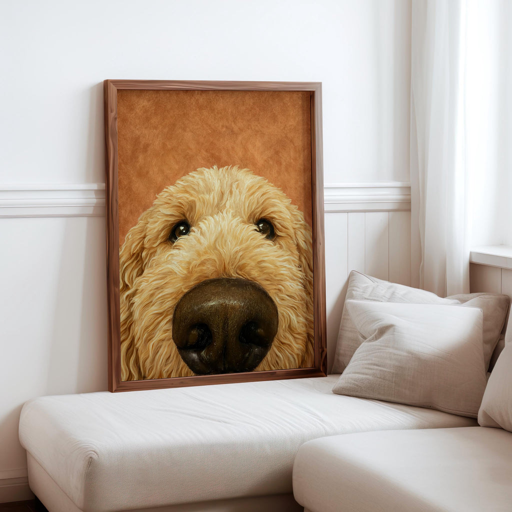 Golden Doodle Dog Nose Art Print, Fluffy Puppy Pet Poster, Funny Animal Portrait, Dog Lover Gift, Goldendoodle Decor