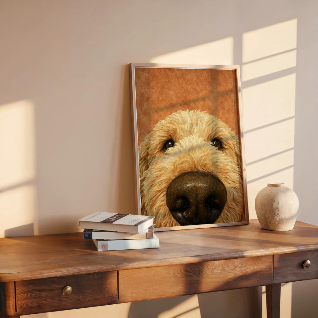 Golden Doodle Dog Nose Art Print, Fluffy Puppy Pet Poster, Funny Animal Portrait, Dog Lover Gift, Goldendoodle Decor