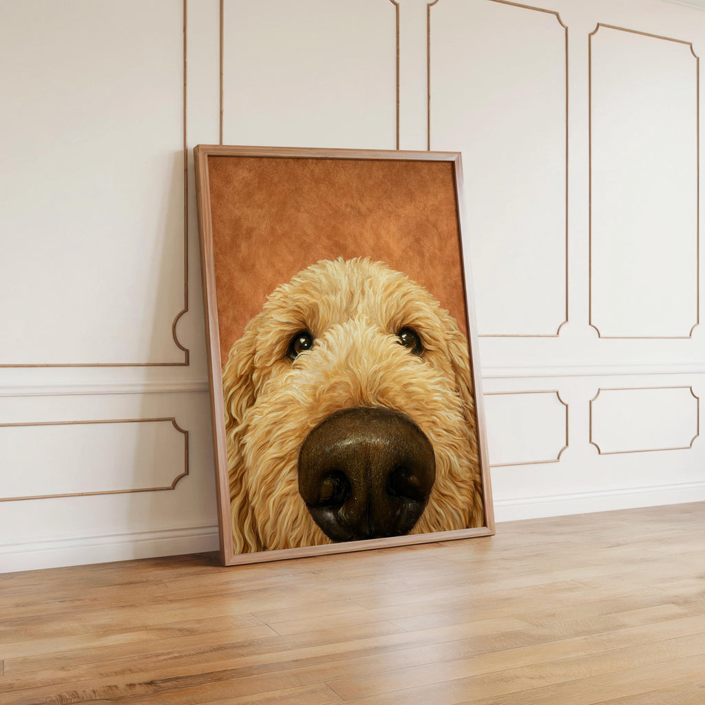 Golden Doodle Dog Nose Art Print, Fluffy Puppy Pet Poster, Funny Animal Portrait, Dog Lover Gift, Goldendoodle Decor