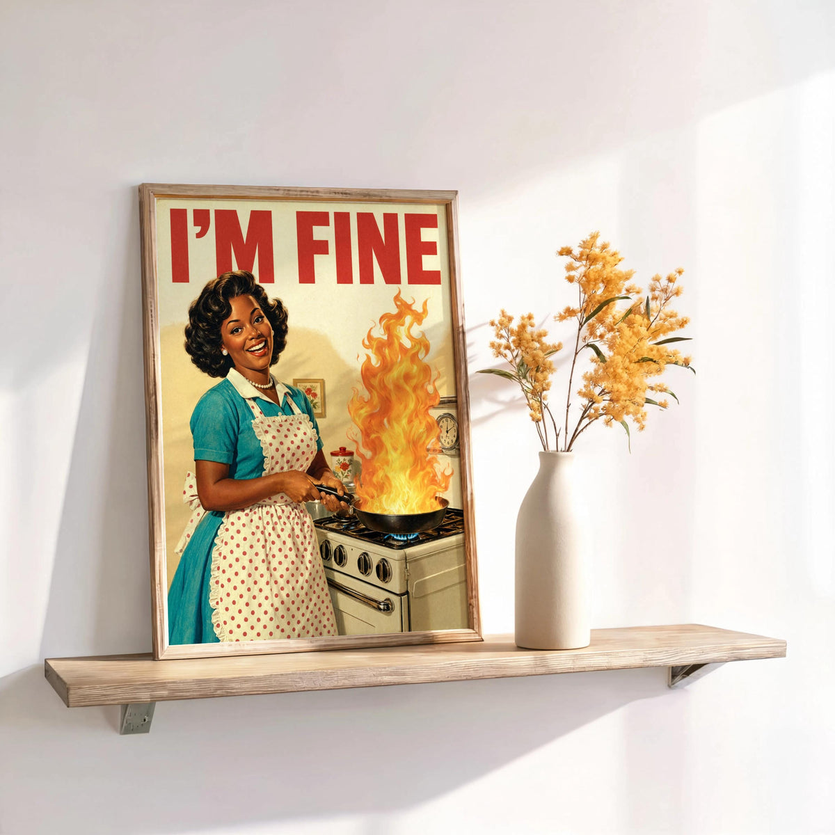 Retro Kitchen Wall Art, "I'm Fine" Funny Black Woman Print, Vintage 1950s Cooking Decor, Sarcastic Afrocentric Relatable Illustration