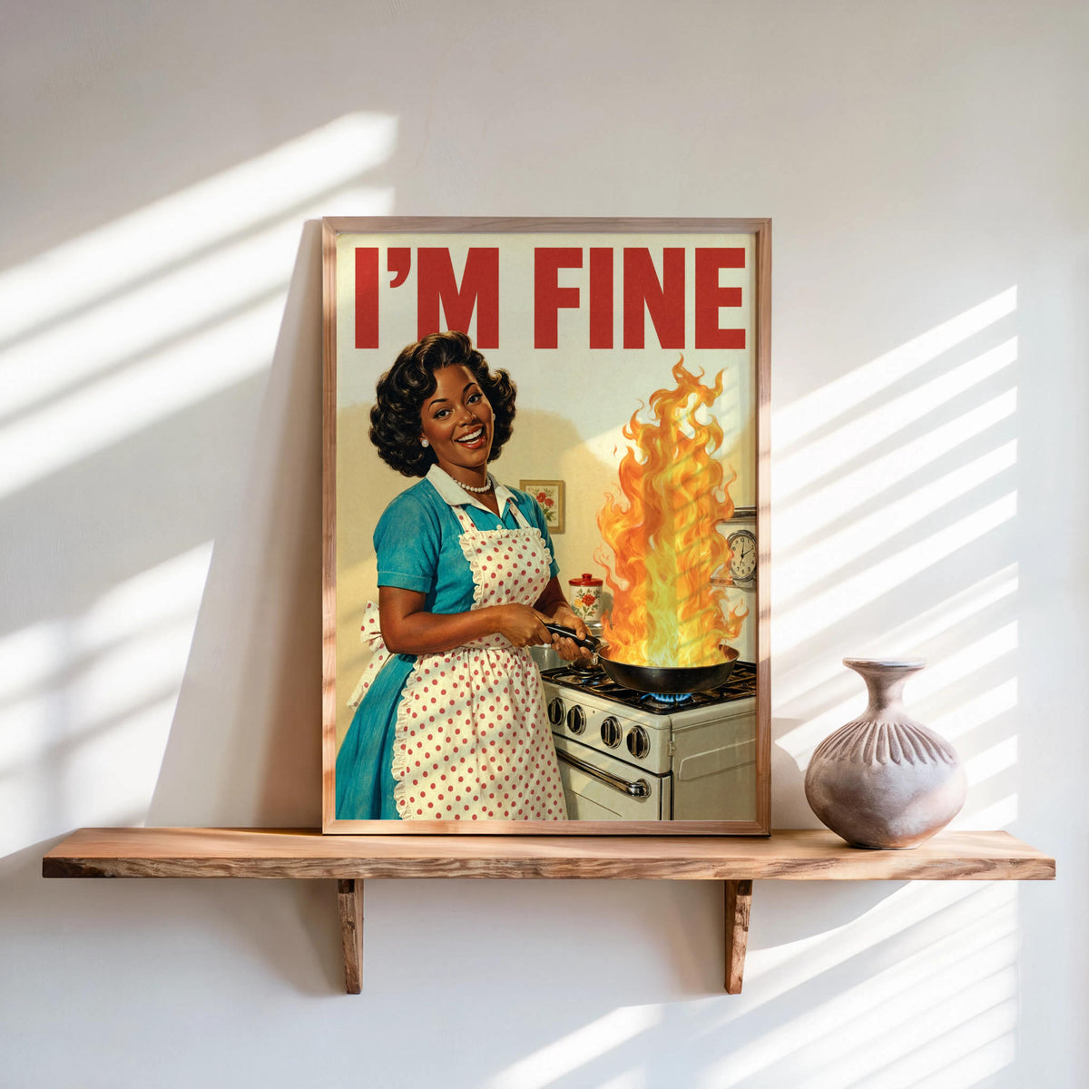 Retro Kitchen Wall Art, "I'm Fine" Funny Black Woman Print, Vintage 1950s Cooking Decor, Sarcastic Afrocentric Relatable Illustration
