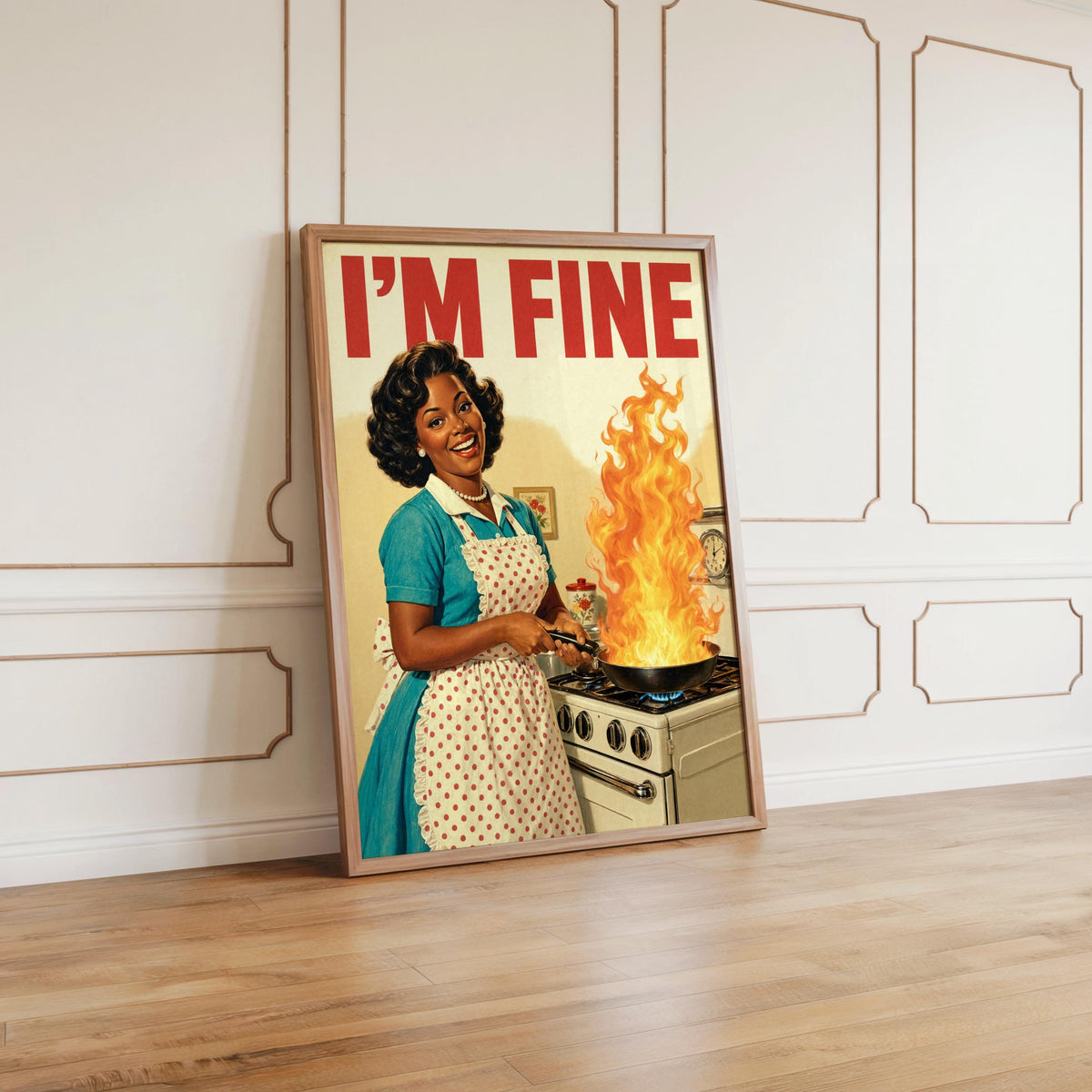 Retro Kitchen Wall Art, "I'm Fine" Funny Black Woman Print, Vintage 1950s Cooking Decor, Sarcastic Afrocentric Relatable Illustration