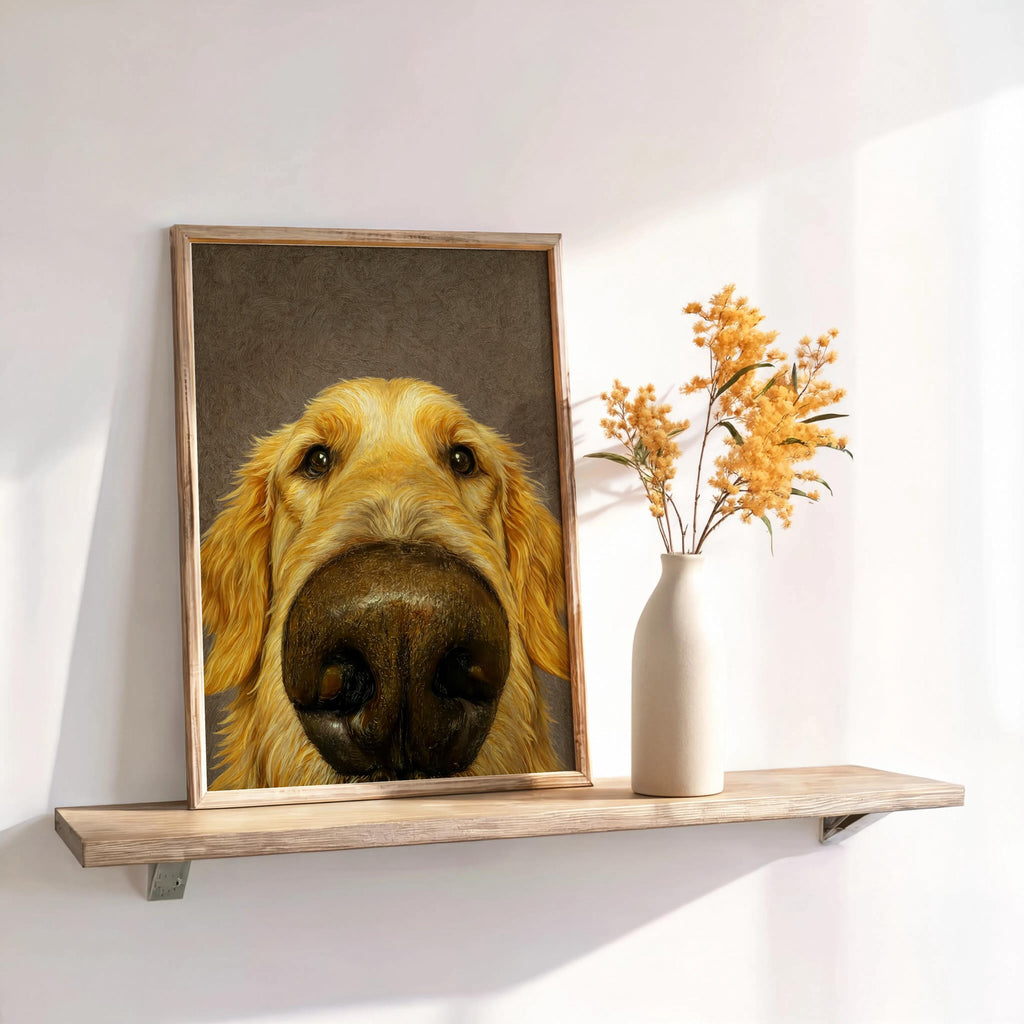 Shelf vignette with neutral print and simple vase, dog close up art showcasing bold golden retriever nose