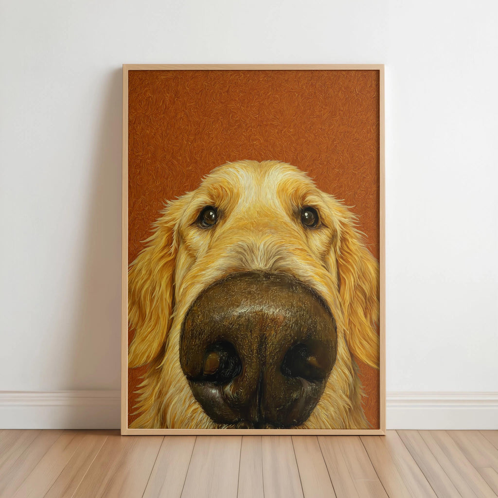Rust background framed print on hardwood, quirky golden retriever nose art, funny dog wall art vibe