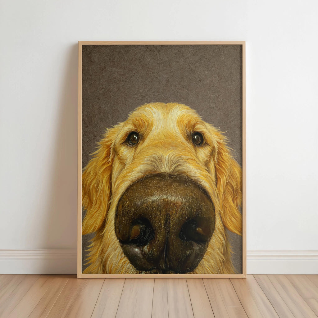 Neutral gray framed print on floor, puppy-like golden retriever nose art, perfect golden retriever wall art