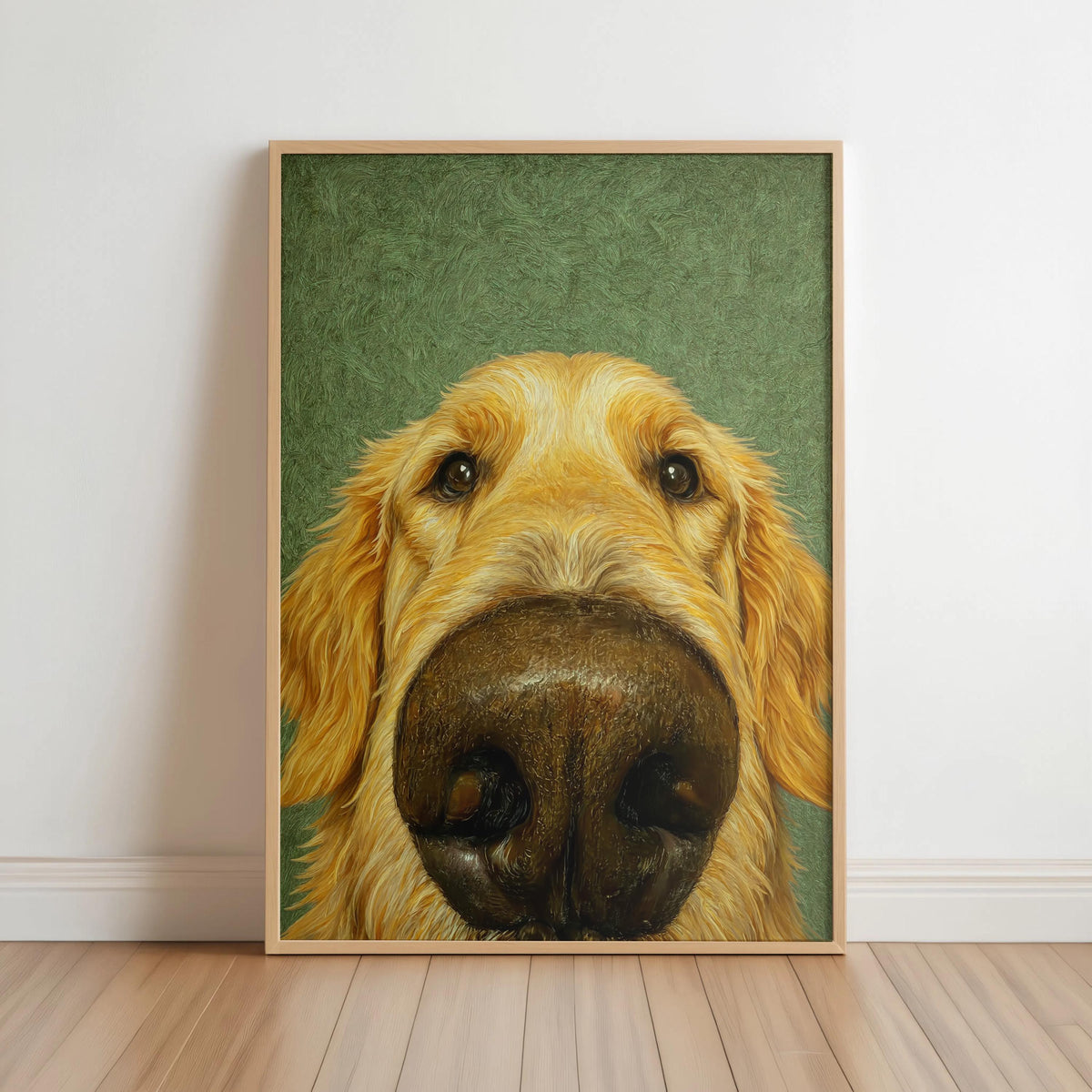Green backdrop framed print leaning against wall, oversized dark nose golden retriever nose art