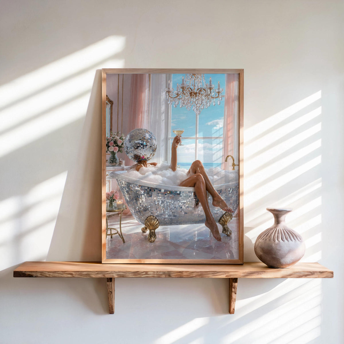 Coastal Disco Ball Head Woman in Bath Print, Luxury Girly Bathroom Decor, Dreamy Pink Martini Wall Art, Feminine Power Room Artwork