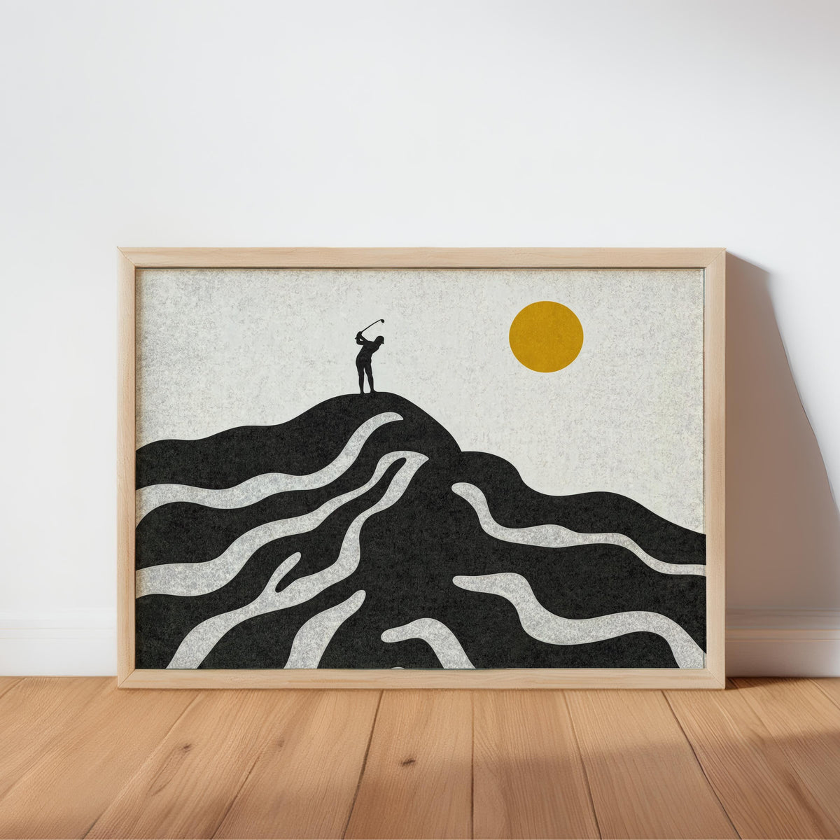 Black mid century golf art print leaning, bold monochrome fairways, tiny golfer, warm cream backdrop