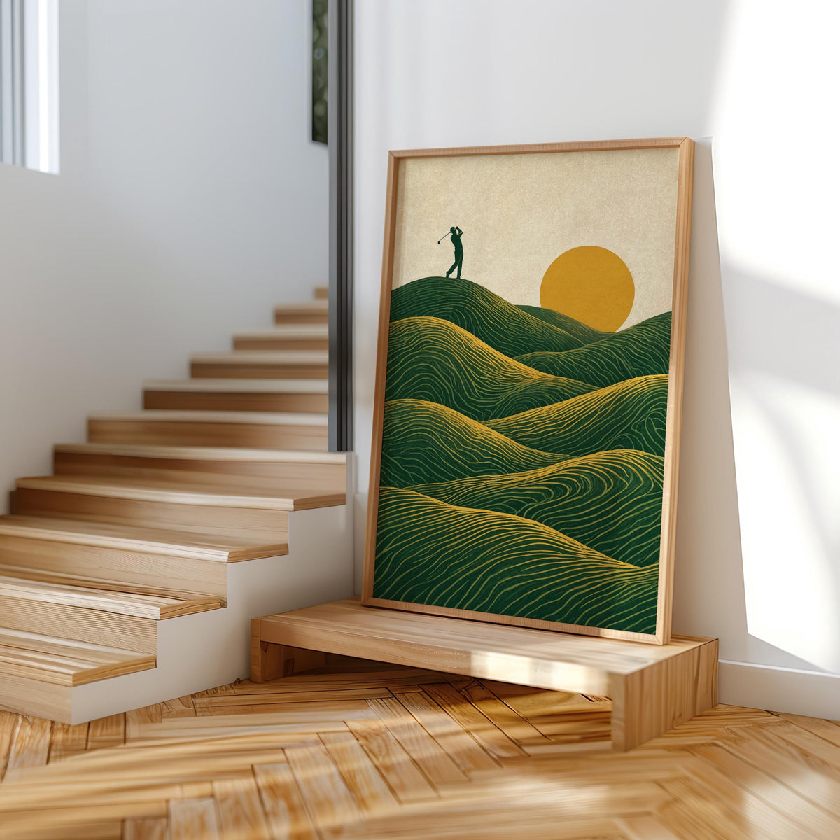 Sunset Golf Course Wall Art, Vintage Golfer Poster, Rolling Green Hills Landscape Print, Country Club Decor, Mid Century Line Illustration