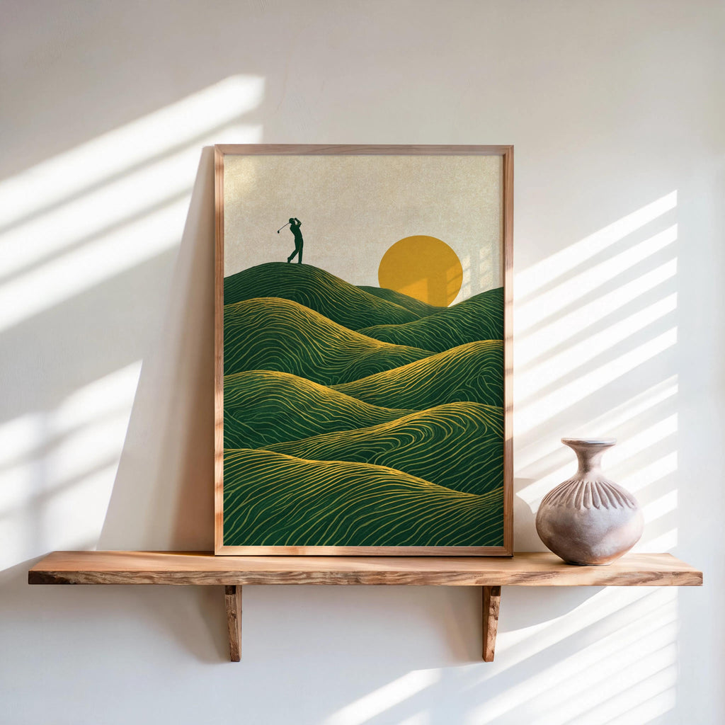 Sunset Golf Course Wall Art, Vintage Golfer Poster, Rolling Green Hills Landscape Print, Country Club Decor, Mid Century Line Illustration