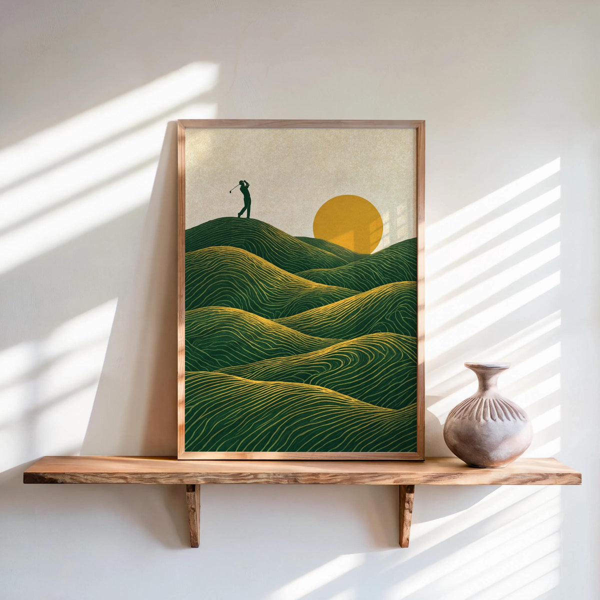 Sunset Golf Course Wall Art, Vintage Golfer Poster, Rolling Green Hills Landscape Print, Country Club Decor, Mid Century Line Illustration