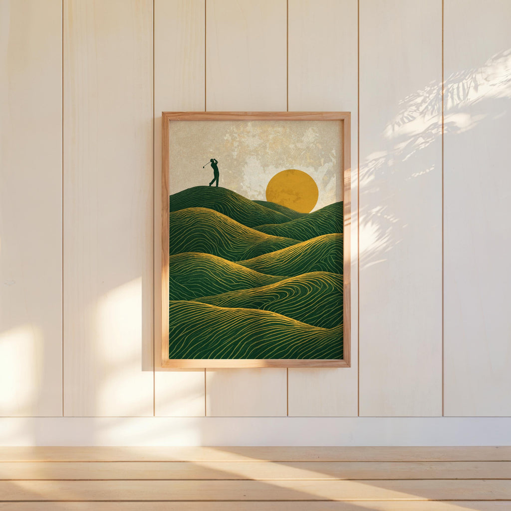 Sunset Golf Course Wall Art, Vintage Golfer Poster, Rolling Green Hills Landscape Print, Country Club Decor, Mid Century Line Illustration
