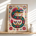 Vibrant Quetzalcoatl Feathered Serpent Folk Art Print - Colorful Aztec God Mexican Mythology Wall Decor, Printed Boho Cultural Poster