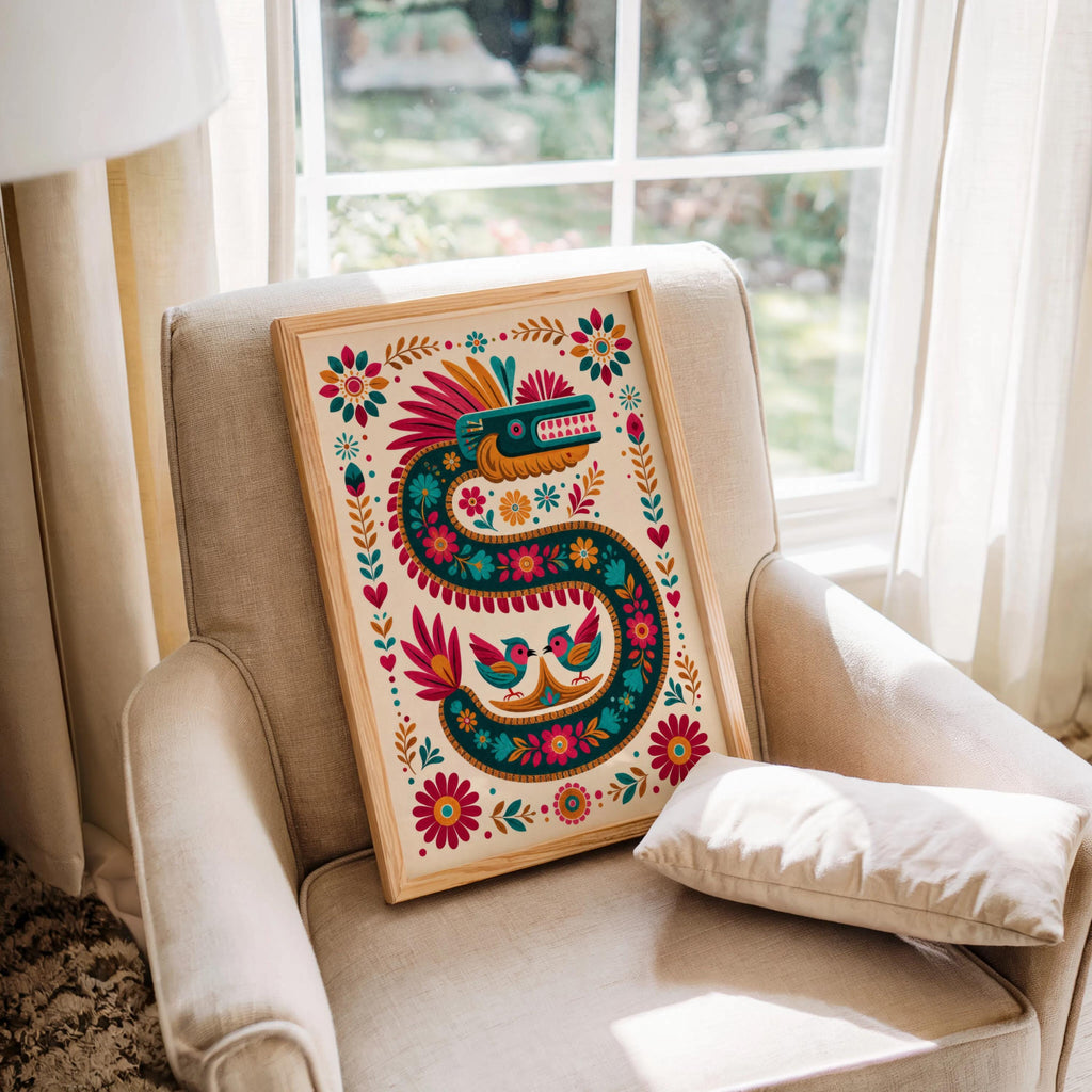 Vibrant Quetzalcoatl Feathered Serpent Folk Art Print - Colorful Aztec God Mexican Mythology Wall Decor, Printed Boho Cultural Poster