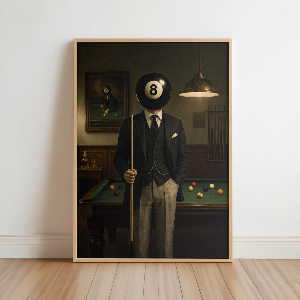 Pool Ball Head Print, Vintage Mid Century Surrealism Art, Retro 80s Western Poster, Snooker Player Decor, Surreal Billiards Man Cave Canvas