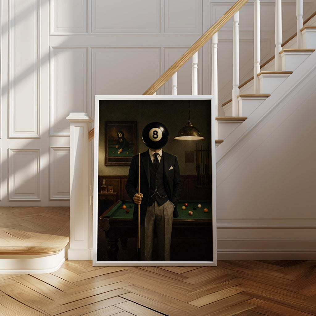 Pool Ball Head Print, Vintage Mid Century Surrealism Art, Retro 80s Western Poster, Snooker Player Decor, Surreal Billiards Man Cave Canvas