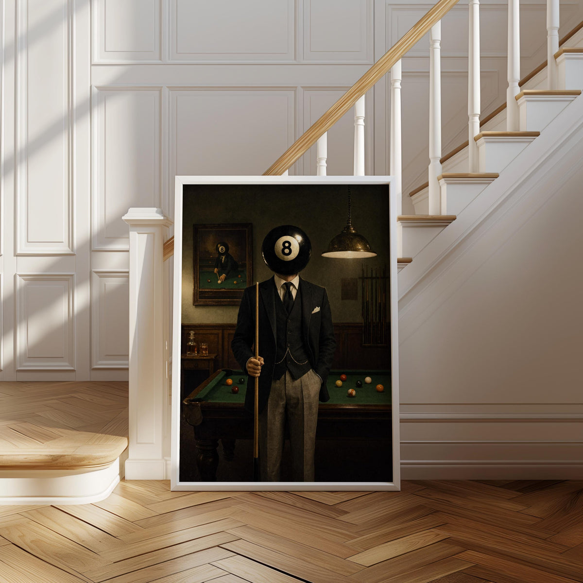 Pool Ball Head Print, Vintage Mid Century Surrealism Art, Retro 80s Western Poster, Snooker Player Decor, Surreal Billiards Man Cave Canvas