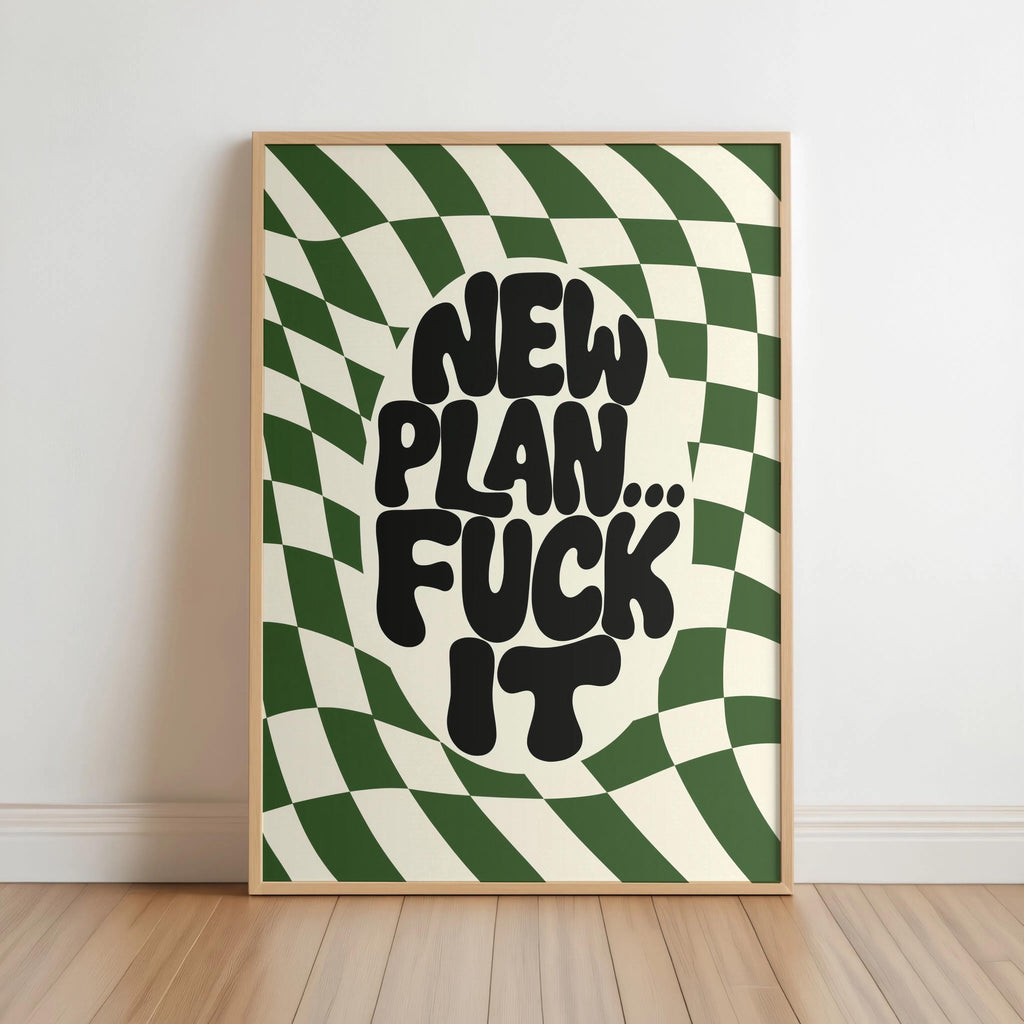 New Plan Funny Quote Wall Art Print, Retro Checkerboard Typography Poster, Groovy Sarcastic Home Decor, Trendy Dorm Room Gift