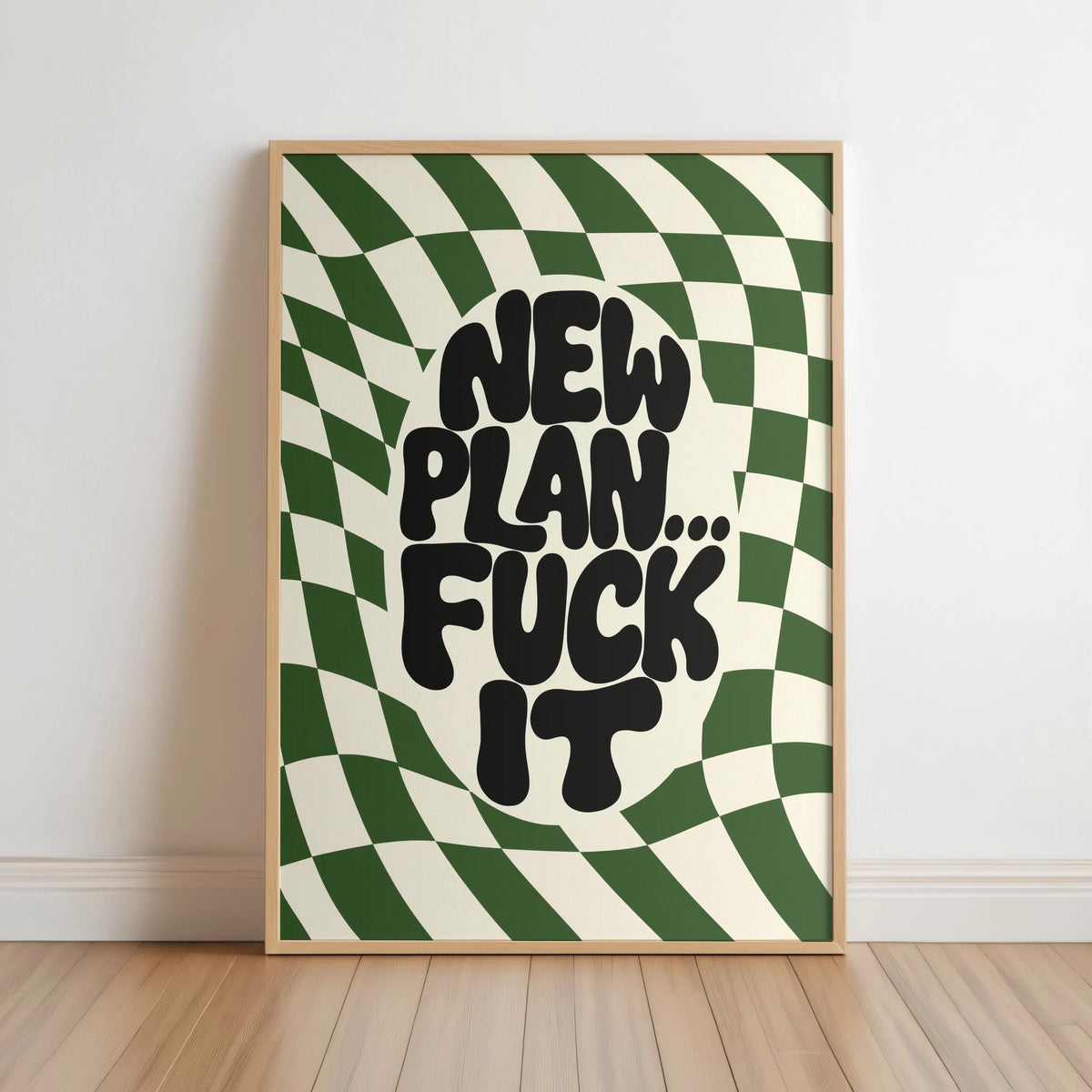 New Plan Funny Quote Wall Art Print, Retro Checkerboard Typography Poster, Groovy Sarcastic Home Decor, Trendy Dorm Room Gift