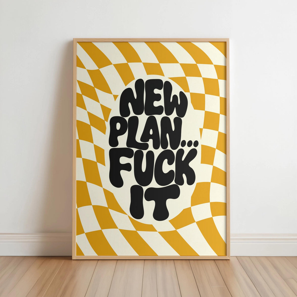 New Plan Funny Quote Wall Art Print, Retro Checkerboard Typography Poster, Groovy Sarcastic Home Decor, Trendy Dorm Room Gift