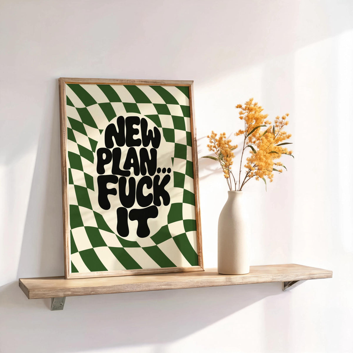 New Plan Funny Quote Wall Art Print, Retro Checkerboard Typography Poster, Groovy Sarcastic Home Decor, Trendy Dorm Room Gift