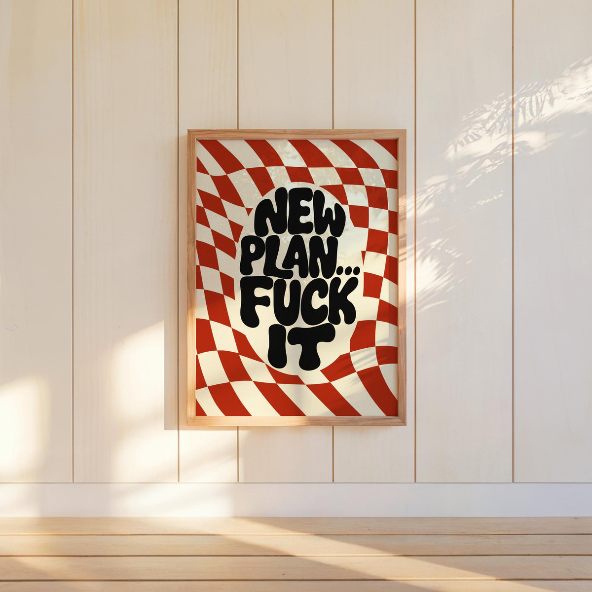 New Plan Funny Quote Wall Art Print, Retro Checkerboard Typography Poster, Groovy Sarcastic Home Decor, Trendy Dorm Room Gift