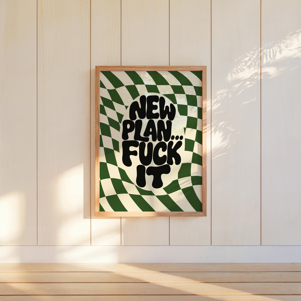 New Plan Funny Quote Wall Art Print, Retro Checkerboard Typography Poster, Groovy Sarcastic Home Decor, Trendy Dorm Room Gift