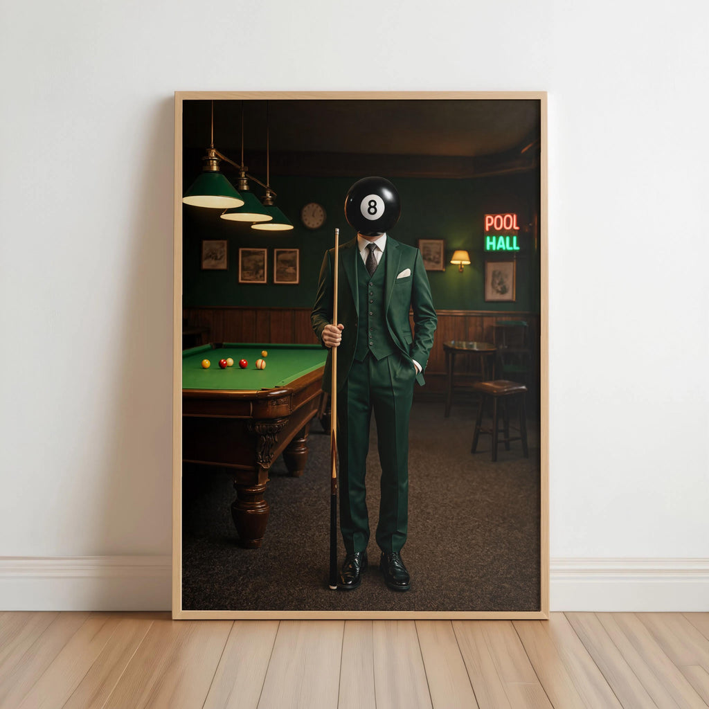 Surreal 8 Ball Wall Art, Vintage Billiards Print, Moody Pool Ball Head Poster, Funny Game Room Decor, Retro Western Snooker Artwork
