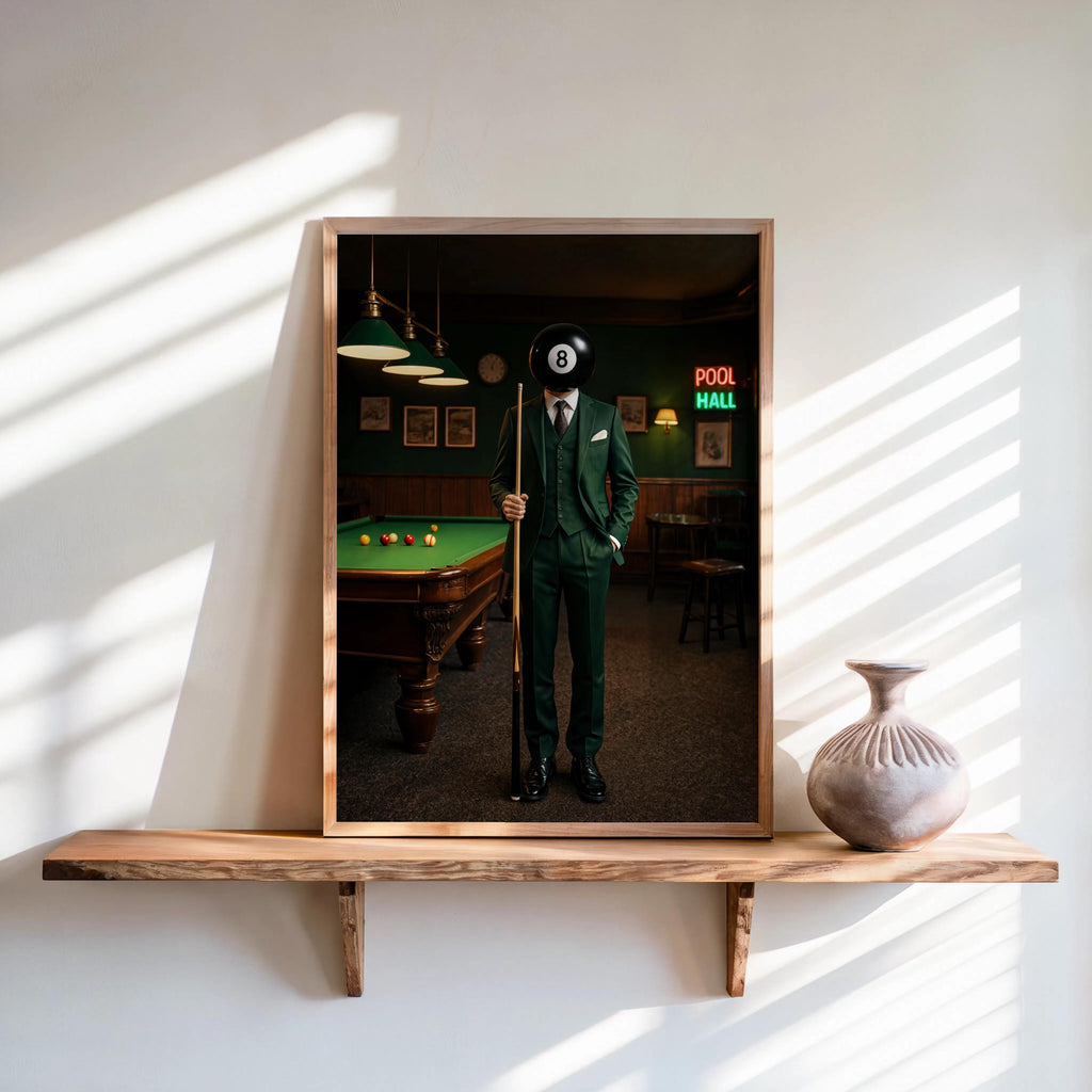 Surreal 8 Ball Wall Art, Vintage Billiards Print, Moody Pool Ball Head Poster, Funny Game Room Decor, Retro Western Snooker Artwork