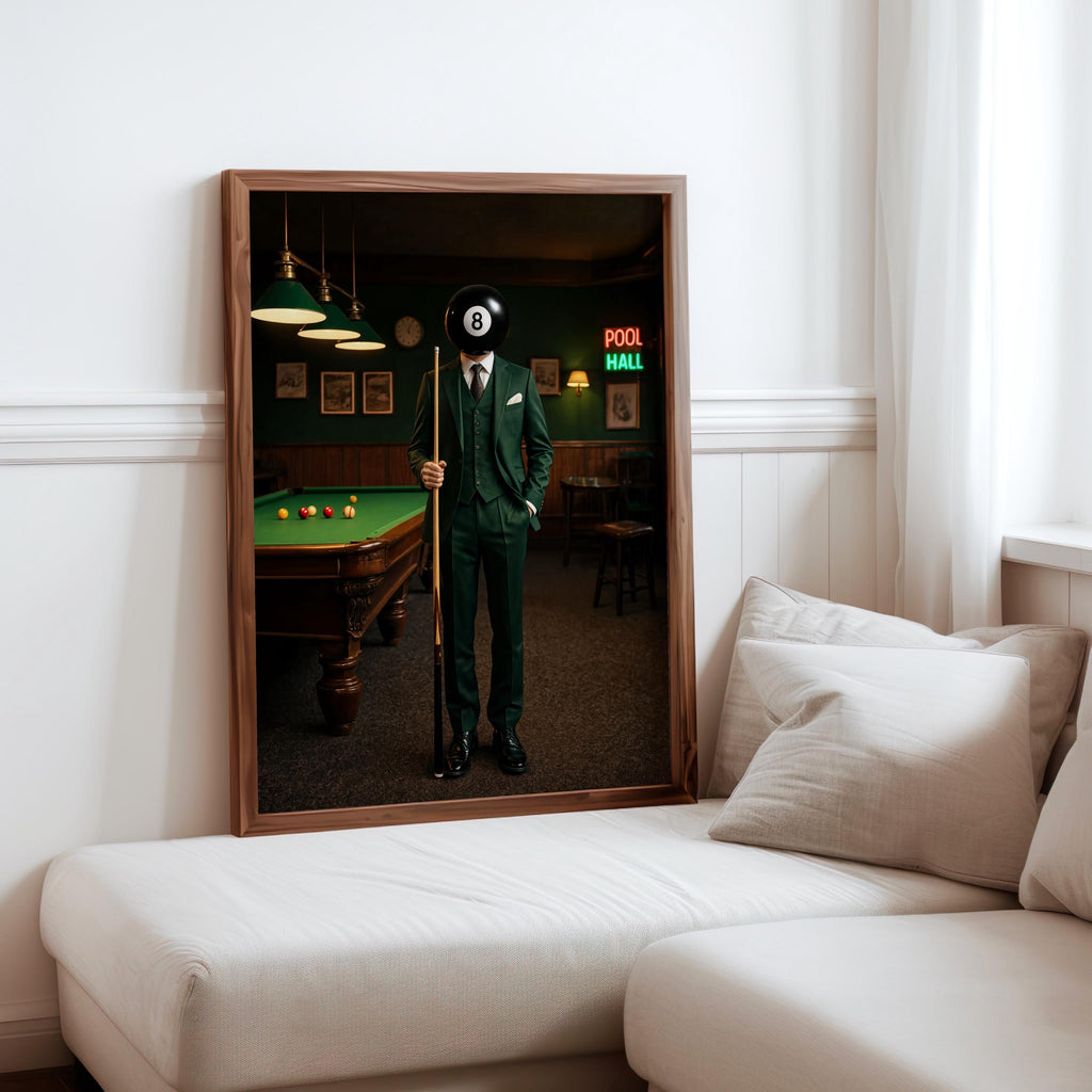 Surreal 8 Ball Wall Art, Vintage Billiards Print, Moody Pool Ball Head Poster, Funny Game Room Decor, Retro Western Snooker Artwork
