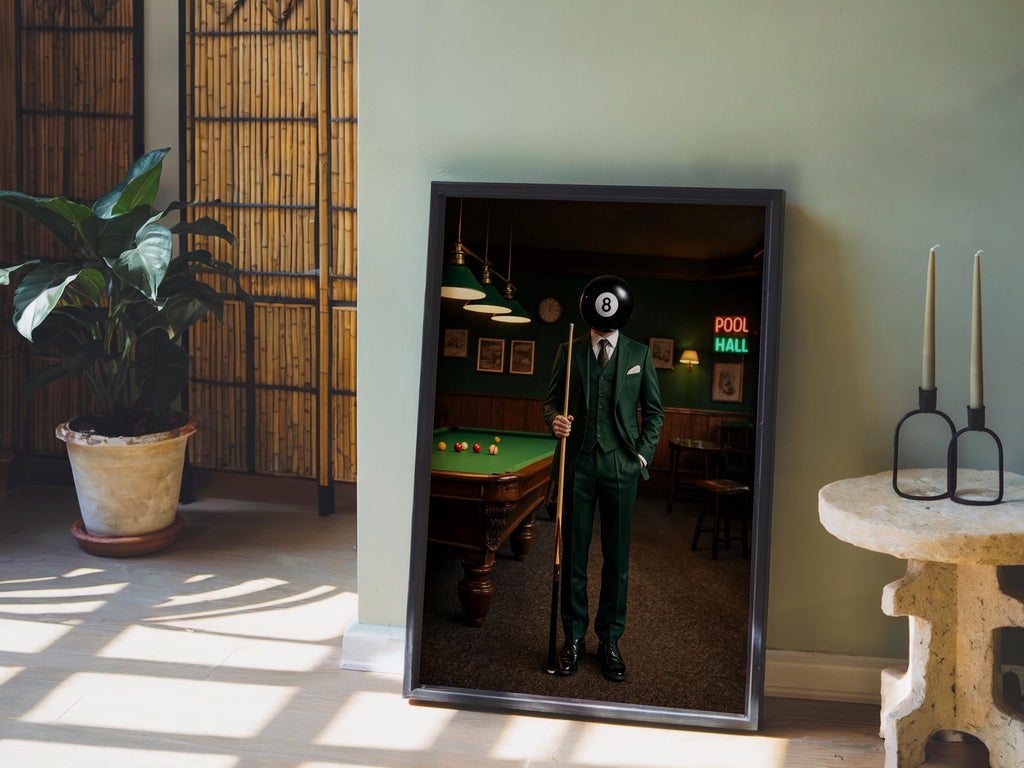 Surreal 8 Ball Wall Art, Vintage Billiards Print, Moody Pool Ball Head Poster, Funny Game Room Decor, Retro Western Snooker Artwork